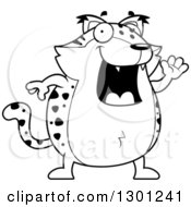 Outline Clipart Of A Cartoon Black And White Happy Friendly Chubby Bobcat Character Waving Royalty Free Lineart Vector Illustration by Cory Thoman