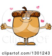 Clipart Of A Cartoon Loving Acorn Character With Open Arms And Hearts Royalty Free Vector Illustration