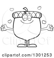 Outline Clipart Of A Cartoon Black And White Loving Acorn Character With Open Arms And Hearts Royalty Free Lineart Vector Illustration