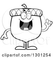 Outline Clipart Of A Cartoon Black And White Happy Smart Acorn Character With An Idea Royalty Free Lineart Vector Illustration