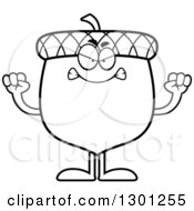 Outline Clipart Of A Cartoon Black And White Mad Angry Acorn Character Waving His Fists Royalty Free Lineart Vector Illustration by Cory Thoman
