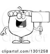 Poster, Art Print Of Cartoon Black And White Happy Acorn Character Holding A Blank Sign