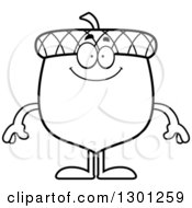 Outline Clipart Of A Cartoon Black And White Happy Acorn Character Smiling Royalty Free Lineart Vector Illustration by Cory Thoman