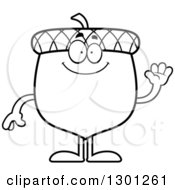 Outline Clipart Of A Cartoon Black And White Happy Acorn Character Waving Royalty Free Lineart Vector Illustration