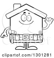 Outline Clipart Of A Cartoon Black And White Friendly Home Improvement House Character Waving Royalty Free Lineart Vector Illustration