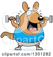 Poster, Art Print Of Cartoon Chubby Wallaby Working Out With Dumbbells