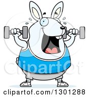 Clipart Of A Cartoon Chubby White Rabbit Working Out With Dumbbells Royalty Free Vector Illustration
