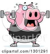 Poster, Art Print Of Cartoon Chubby Pink Pig Working Out With Dumbbells