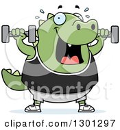 Clipart Of A Cartoon Chubby Green Lizard Working Out With Dumbbells Royalty Free Vector Illustration