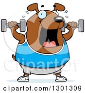 Clipart Of A Cartoon Chubby Brown Dog Working Out With Dumbbells Royalty Free Vector Illustration
