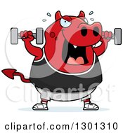 Clipart Of A Cartoon Chubby Red Devil Working Out With Dumbbells Royalty Free Vector Illustration