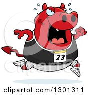 Cartoon Sweaty Chubby Red Devil Running A Track And Field Race