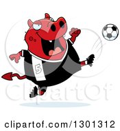Poster, Art Print Of Cartoon Chubby Red Devil Kicking A Soccer Ball