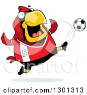 Poster, Art Print Of Cartoon Chubby Red Cardinal Bird Kicking A Soccer Ball