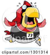 Poster, Art Print Of Cartoon Sweaty Chubby Red Cardinal Bird Running A Track And Field Race