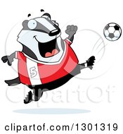 Poster, Art Print Of Cartoon Chubby Badger Kicking A Soccer Ball