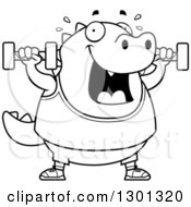 Poster, Art Print Of Cartoon Black And White Chubby Lizard Working Out With Dumbbells