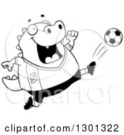 Poster, Art Print Of Cartoon Black And White Chubby Lizard Kicking A Soccer Ball