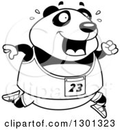 Outline Clipart Of A Cartoon Black And White Sweaty Chubby Panda Running A Track And Field Race Royalty Free Lineart Vector Illustration by Cory Thoman