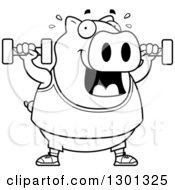 Poster, Art Print Of Cartoon Black And White Chubby Pig Working Out With Dumbbells