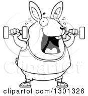Outline Clipart Of A Cartoon Black And White Chubby Rabbit Working Out With Dumbbells Royalty Free Lineart Vector Illustration