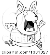 Cartoon Black And White Sweaty Chubby Rabbit Running A Track And Field Race