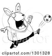 Poster, Art Print Of Cartoon Black And White Chubby Rabbit Kicking A Soccer Ball
