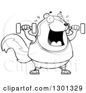 Outline Clipart Of A Cartoon Black And White Chubby Skunk Working Out With Dumbbells Royalty Free Lineart Vector Illustration