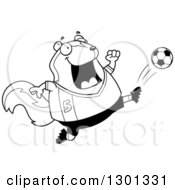 Poster, Art Print Of Cartoon Black And White Chubby Skunk Kicking A Soccer Ball
