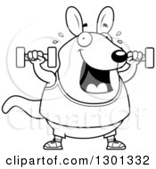 Cartoon Black And White Chubby Wallaby Working Out With Dumbbells