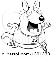 Cartoon Black And White Sweaty Chubby Wallaby Running A Track And Field Race
