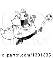 Poster, Art Print Of Cartoon Black And White Chubby Fox Kicking A Soccer Ball