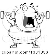 Poster, Art Print Of Cartoon Black And White Chubby Hamster Working Out With Dumbbells