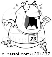 Cartoon Black And White Sweaty Chubby Hamster Running A Track And Field Race