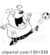 Poster, Art Print Of Cartoon Black And White Chubby Dog Kicking A Soccer Ball