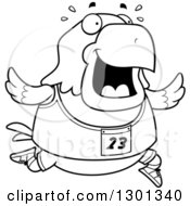 Cartoon Black And White Sweaty Chubby Bald Eagle Bird Running A Track And Field Race