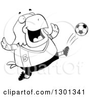Poster, Art Print Of Cartoon Black And White Chubby Bald Eagle Bird Kicking A Soccer Ball