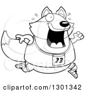 Cartoon Black And White Sweaty Chubby Fox Running A Track And Field Race
