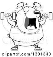 Outline Clipart Of A Cartoon Black And White Chubby Dog Working Out With Dumbbells Royalty Free Lineart Vector Illustration