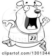 Cartoon Black And White Sweaty Chubby Dog Running A Track And Field Race
