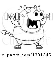 Outline Clipart Of A Cartoon Black And White Chubby Red Devil Working Out With Dumbbells Royalty Free Lineart Vector Illustration
