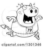 Cartoon Black And White Sweaty Chubby Devil Running A Track And Field Race