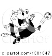 Poster, Art Print Of Cartoon Black And White Chubby Devil Kicking A Soccer Ball