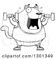Outline Clipart Of A Cartoon Black And White Chubby Cat Working Out With Dumbbells Royalty Free Lineart Vector Illustration