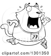 Outline Clipart Of A Cartoon Black And White Sweaty Chubby Cat Running A Track And Field Race Royalty Free Lineart Vector Illustration by Cory Thoman