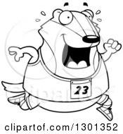 Cartoon Black And White Sweaty Chubby Badger Running A Track And Field Race
