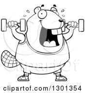 Outline Clipart Of A Cartoon Black And White Chubby Beaver Working Out With Dumbbells Royalty Free Lineart Vector Illustration