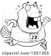 Cartoon Black And White Sweaty Chubby Beaver Running A Track And Field Race