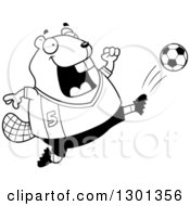 Poster, Art Print Of Cartoon Black And White Chubby Beaver Kicking A Soccer Ball