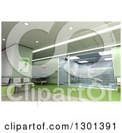 Clipart Of A 3d Modern Green Clinic Operating Room And Lobby 2 Royalty Free Illustration